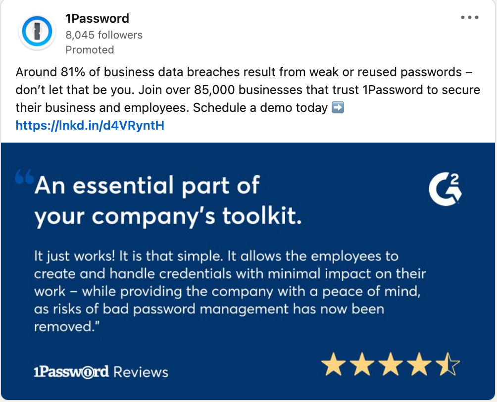 1password g2 review social proof linkedin ad example