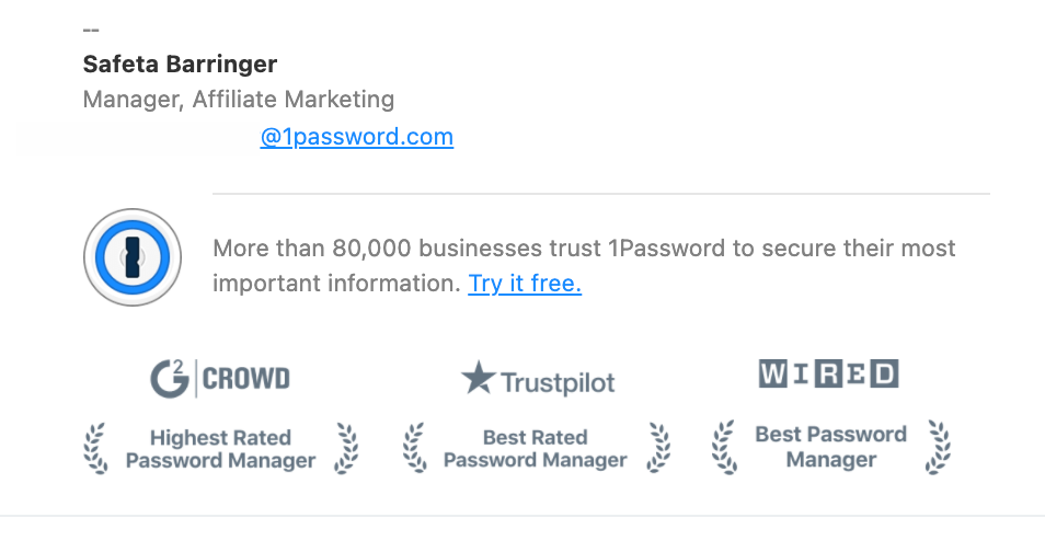 1password review site badges g2 trustpilot social proof email example
