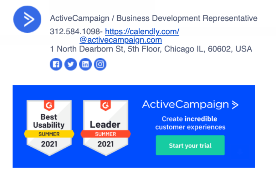ActiveCampaign g2 review badges social proof email example