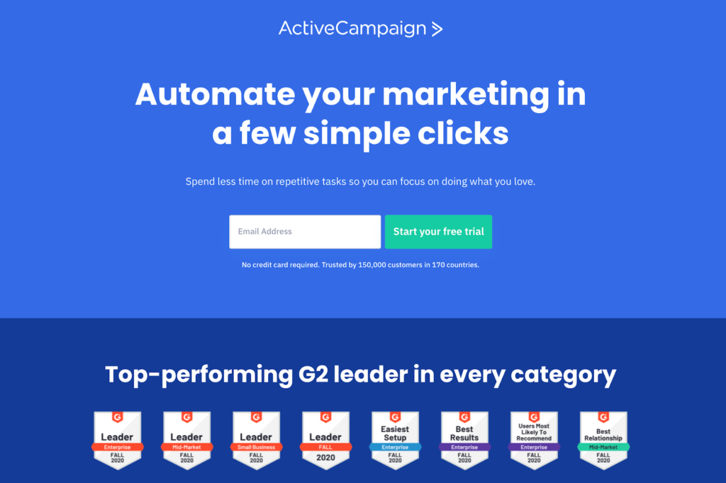 ActiveCampaign G2 review badges social proof landing page example