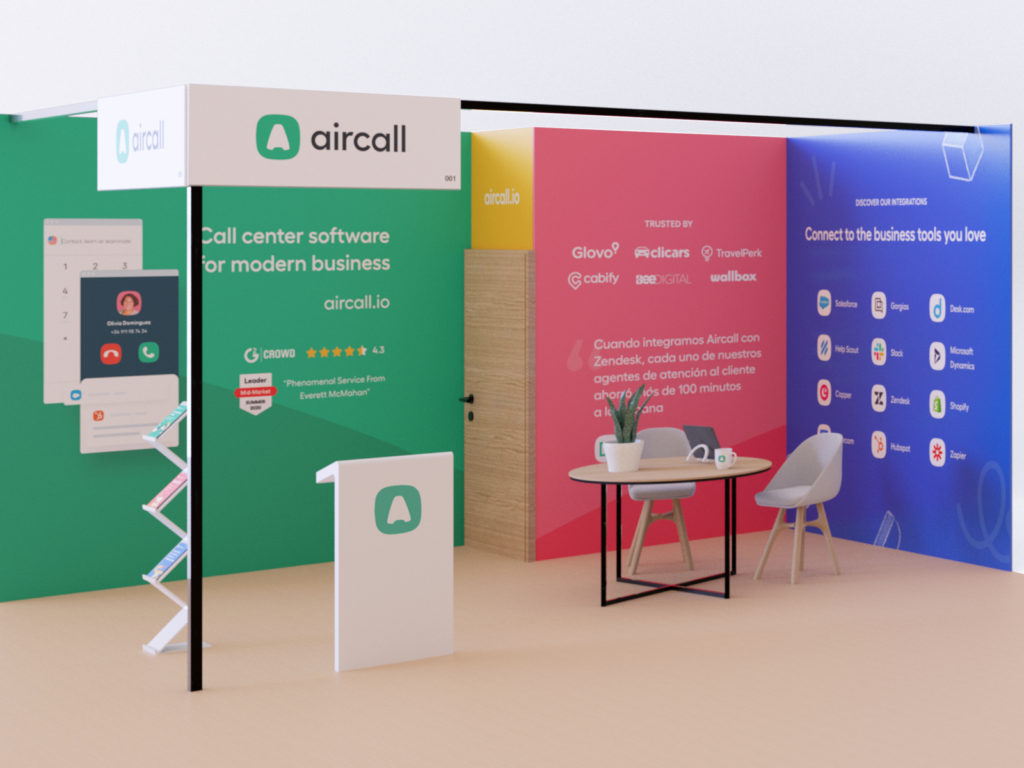 Aircall review site badge G2 social proof tradeshow booth example