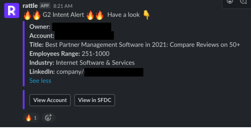 buyer intent slack for sales - partnerstack example using rattle app for g2 intent