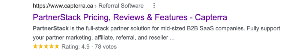 review rating count in google organic search result partnerstack capterra example
