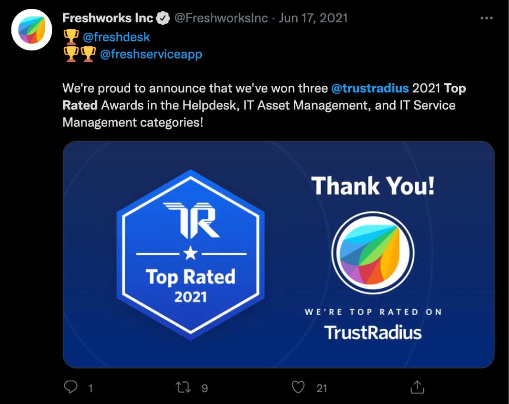 Freshworks trustradius top rated review badge social proof social media example