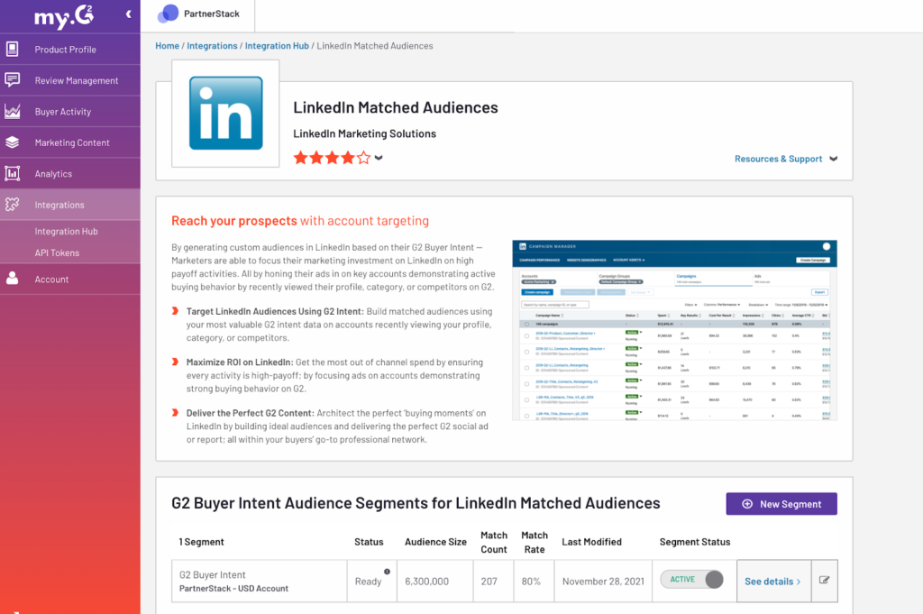 G2 LinkedIn matched audiences integration for buyer intent