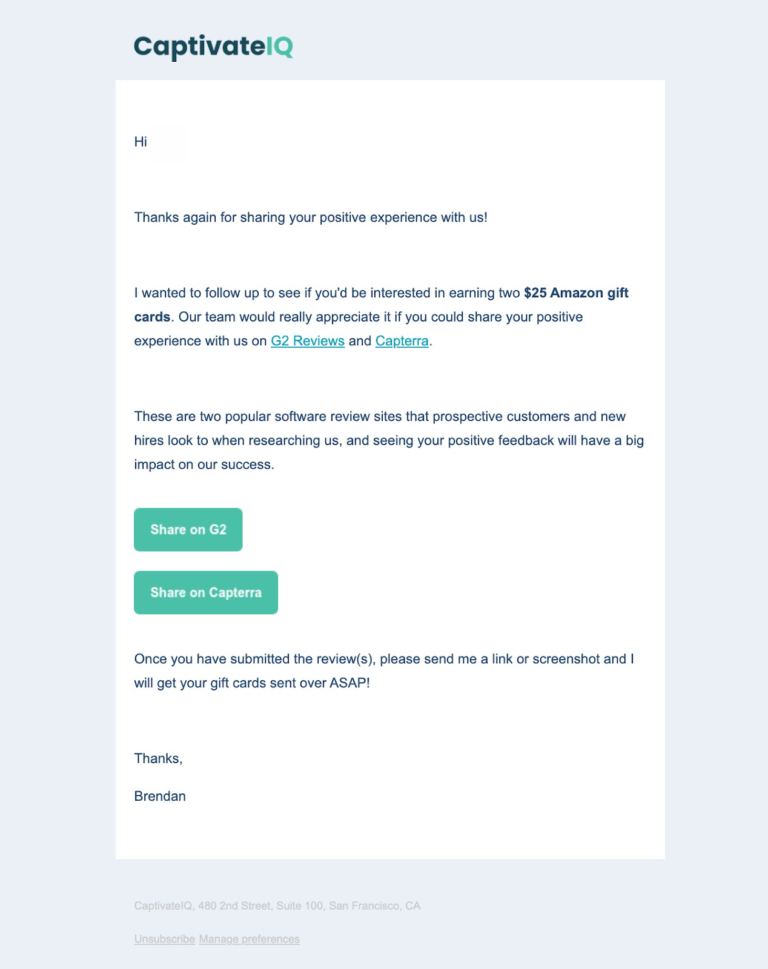 G2 and Capterra review request email example CaptivateIQ