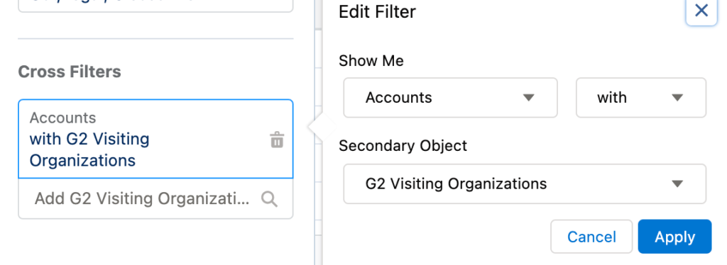 G2 Salesforce report cross filter Accounts with G2 Visiting Organizations