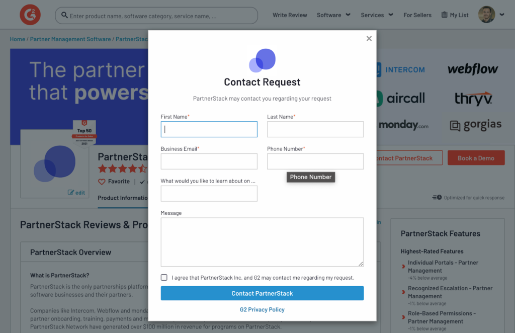 g2 contact request product profile page example partnerstack