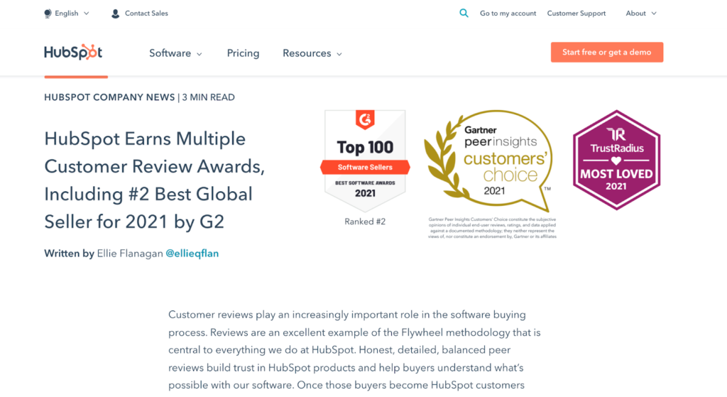 HubSpot reviews awards G2 TrustRadius Gartner Peer Insights news announcement post example