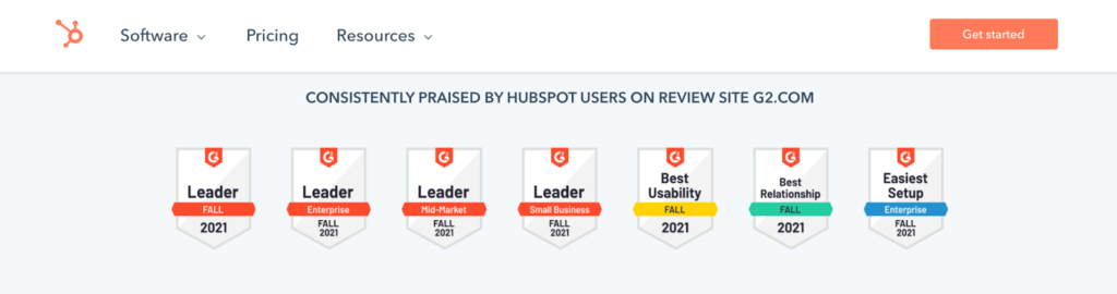 HubSpot g2 badges social proof marketing hub product page example