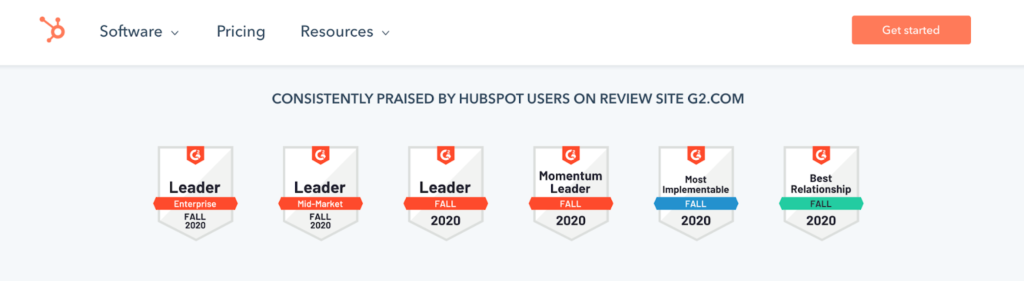 HubSpot g2 badges social proof sales hub product page example