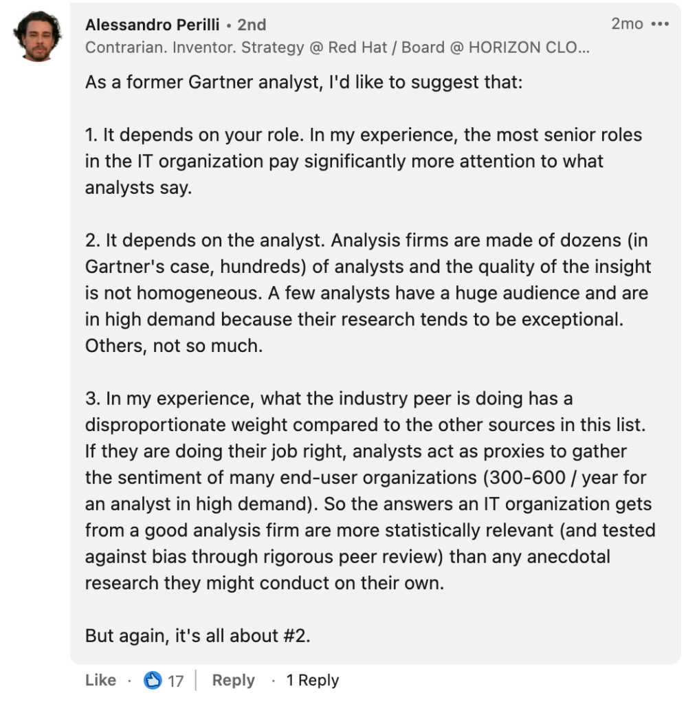 Former Gartner analyst responds to the role of software analysts and says there is a wide range of authority in analysts