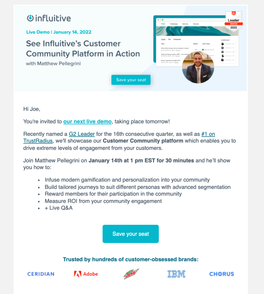Influitive g2 review badges social proof email example