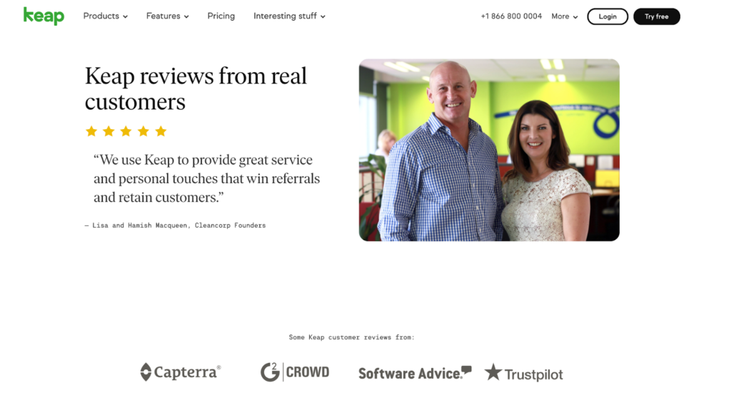 Keap reviews g2 capterra software advice trustpilot social proof customers page example