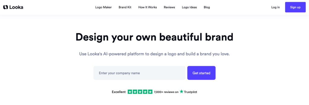 Looka review ratings review count and Trustpilot logo as social proof on homepage