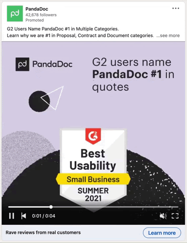 PandaDoc quotes esignatures proposals g2 review sites badges social proof linkedin ad example