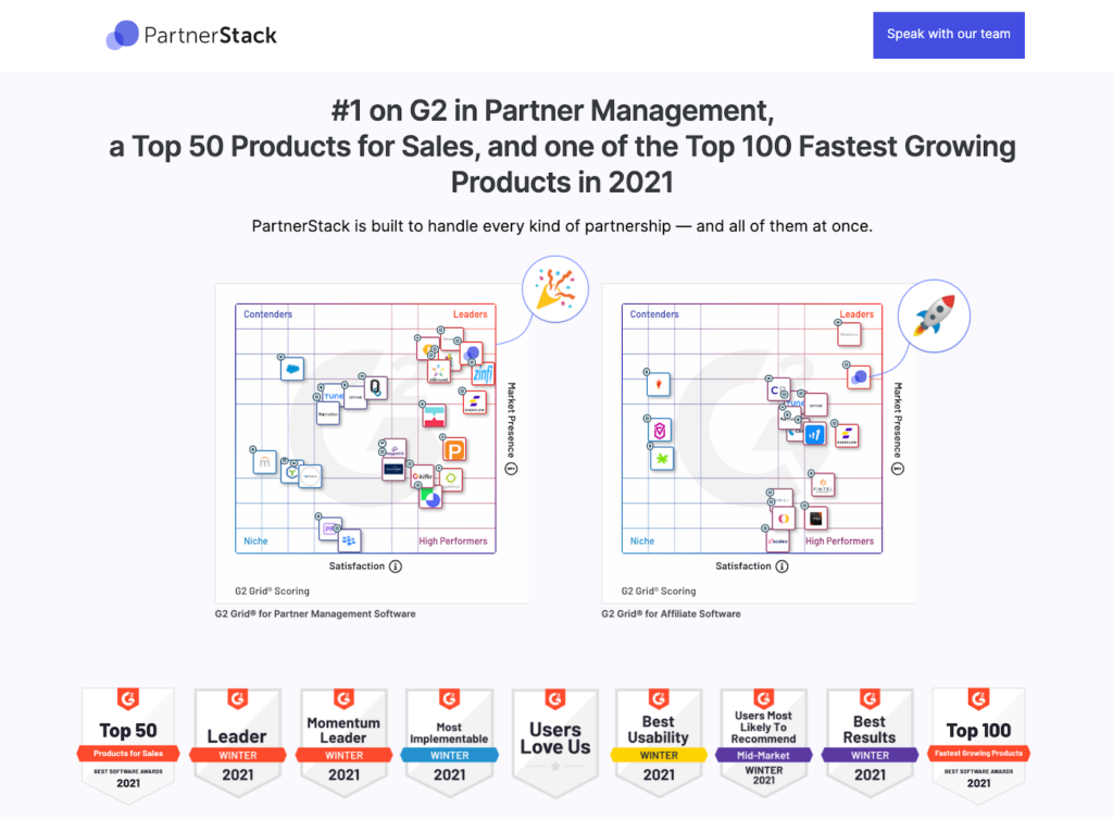 PartnerStack G2 grid widgetsocial proof landing page example