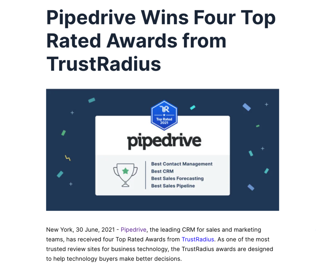 Pipedrive reviews award TrustRadius news announcement post example