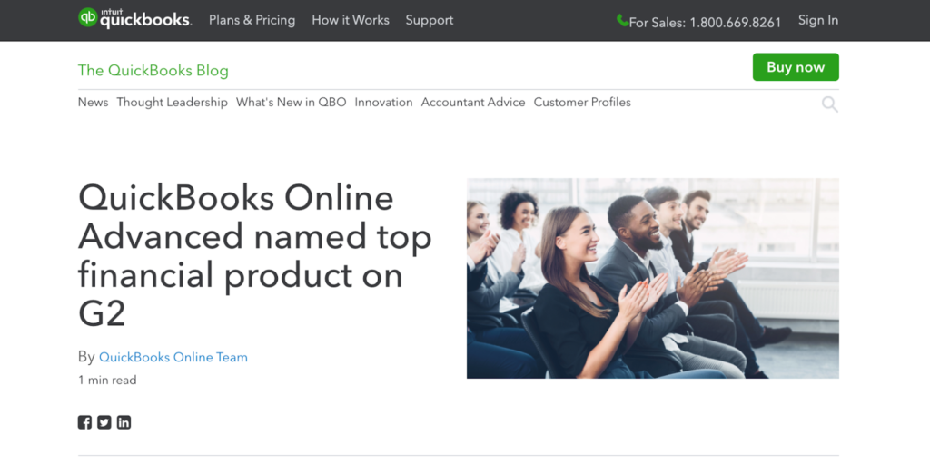 Intuit QuickBooks reviews award g2 news announcement post example
