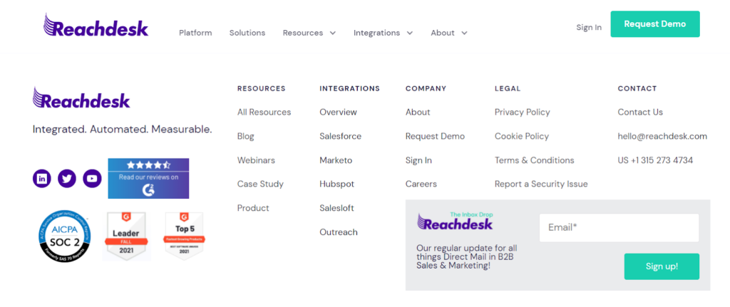 Reachdesk g2 reviews badges social proof in footer example
