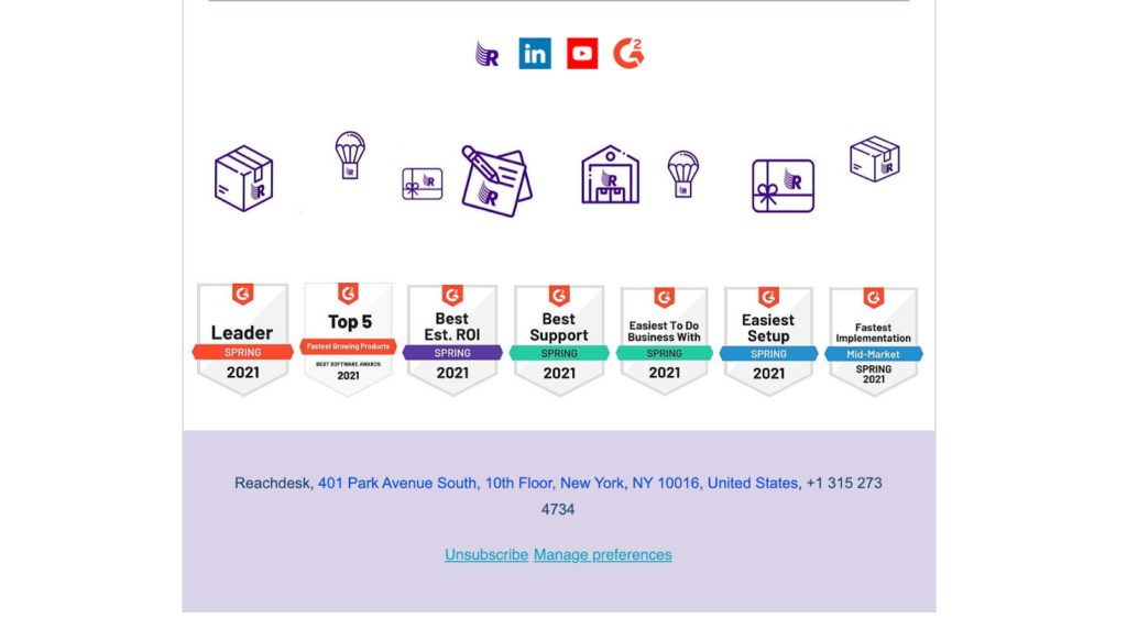 Reachdesk g2 review badges social proof email example