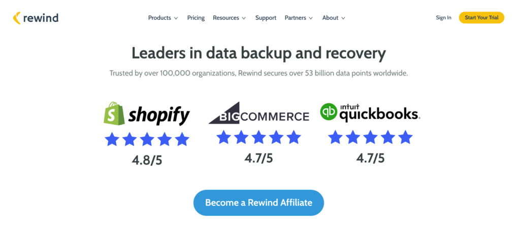 Rewind software reviews shopify bigcommerce intuit quickbooks social proof partner page example