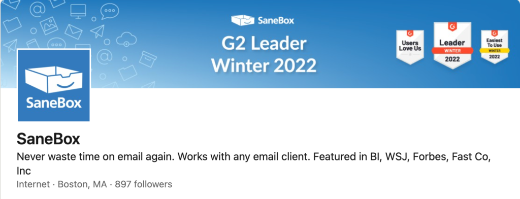 Sanebox software app review site badges g2 linkedin company page banner example