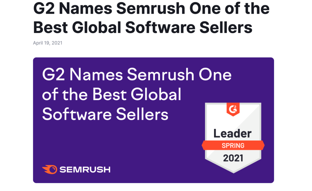 Semrush reviews award G2 news announcement post example