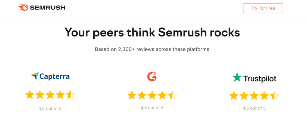 Semrush reviews capterra g2 trustpilot social proof landing page example
