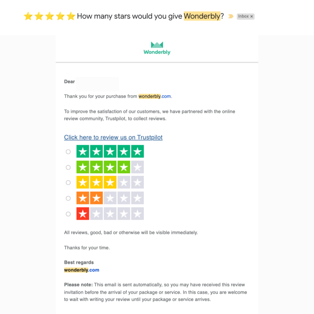 Review request email message example Wonderbly B2C
