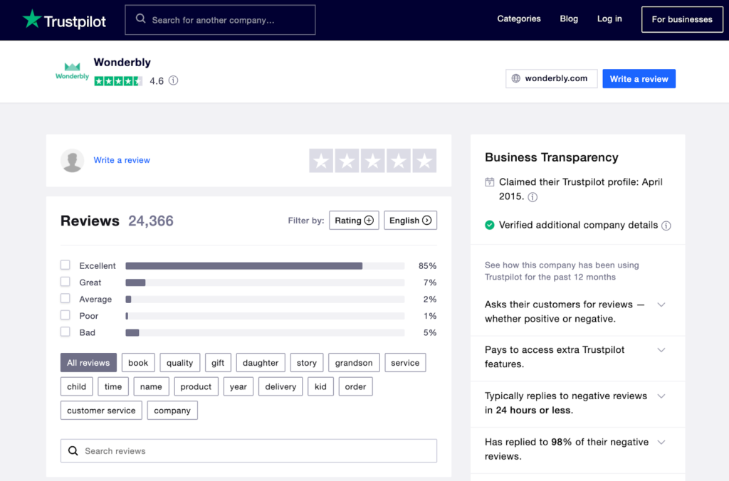 Wonderbly trustpilot profile reviews