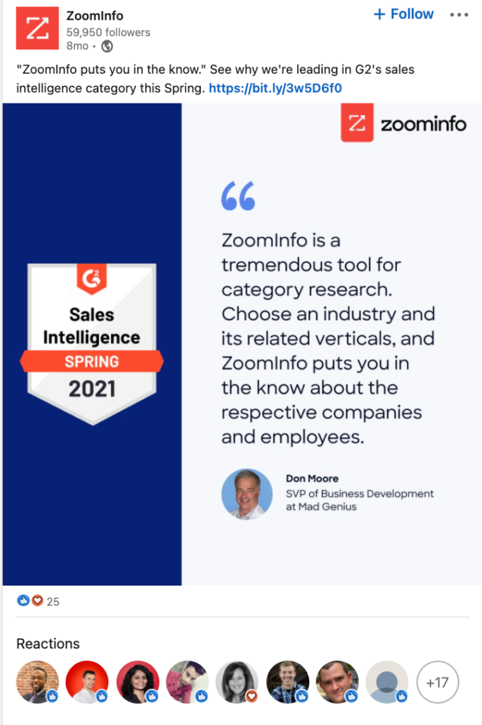 Zoominfo review g2 badge quote social proof social media example