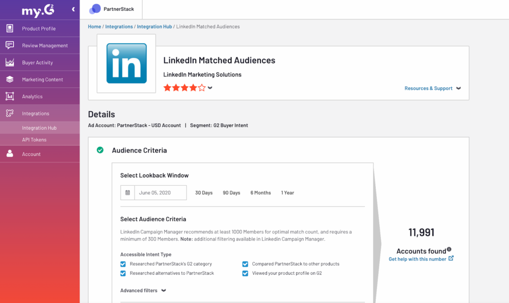 G2 LinkedIn matched audiences details audience critieria
