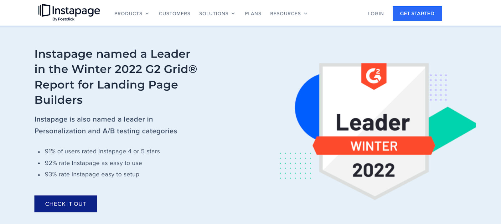 Instapage G2 leader badge on homepage