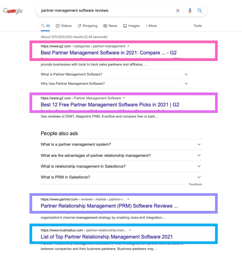Software review site results in Google search for partner management software search