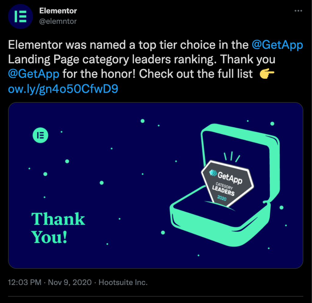 Elementor GetApp Category Leaders Award Shared on Twitter