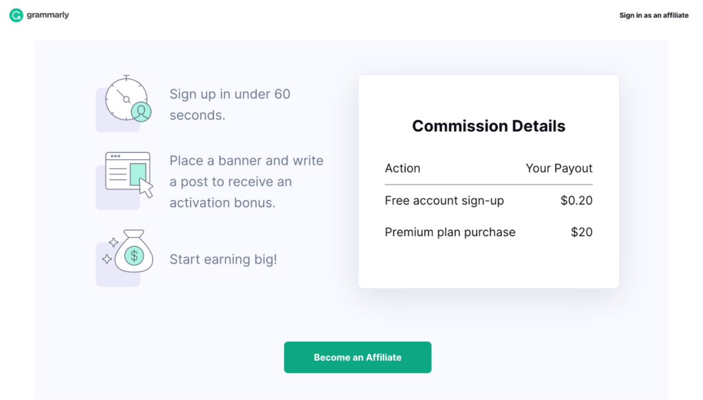 Grammarly affiliate partner program page show benefits design example