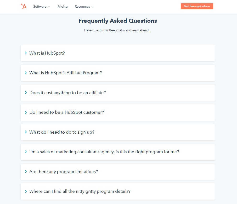 HubSpot affiliate partner program page stay consistent FAQ design example