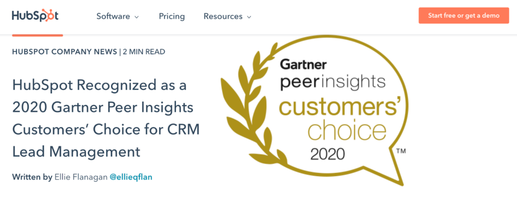 HubSpot Gartner Peer Insights CRM Customers Choice Award Blog Post