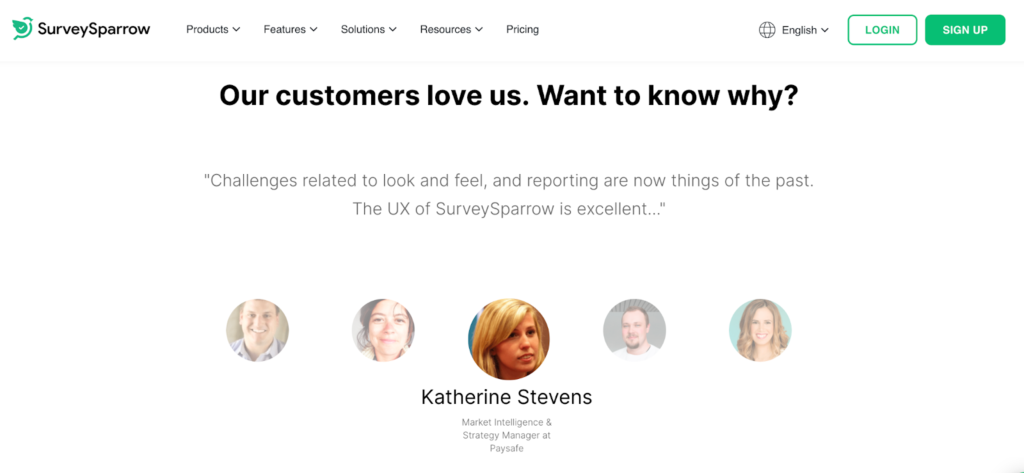 SurveySparrow customer testimonials design for trust affiliate partner page example