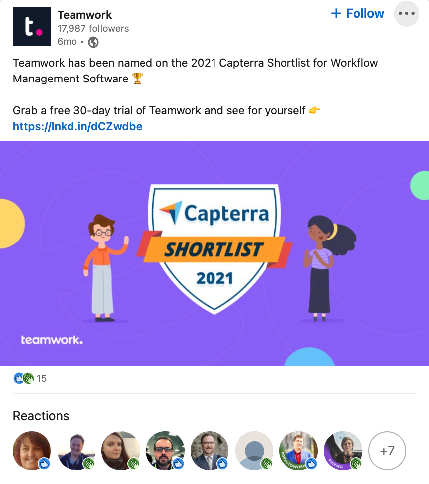 Teamwork Capterra Shortlist Award Shared on LinkedIn
