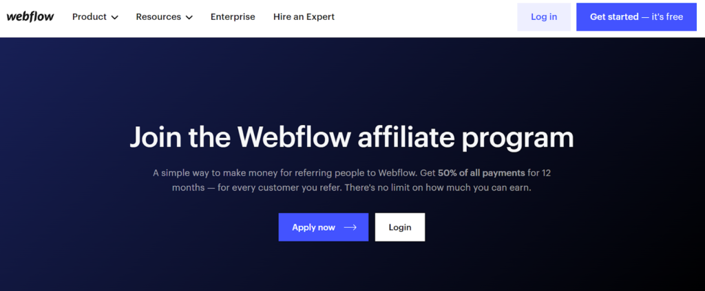 Webflow affiliate partner program page show benefits design example