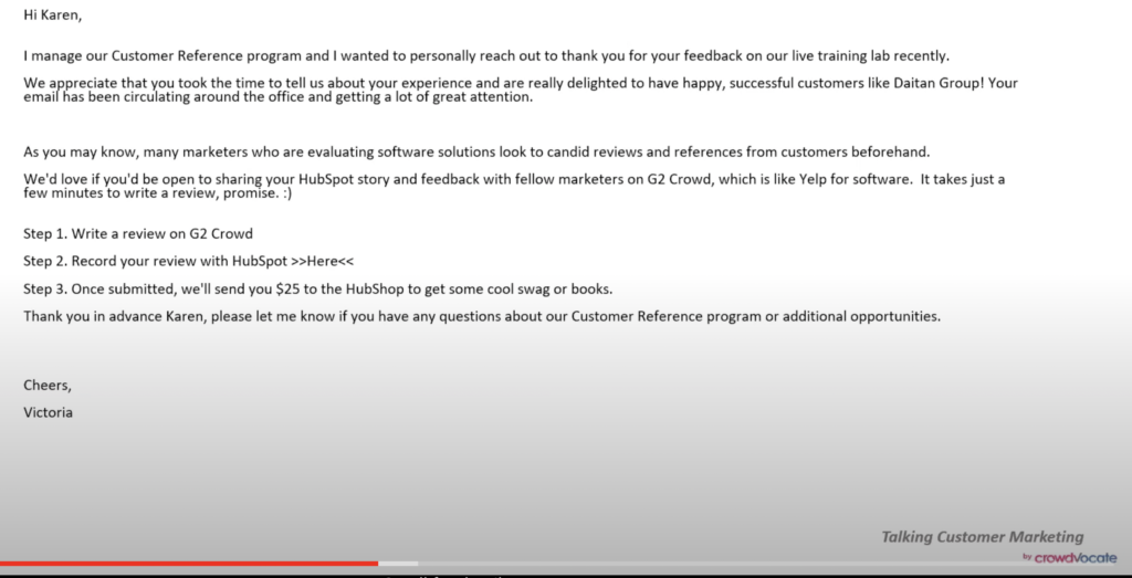 Review request email example by HubSpot