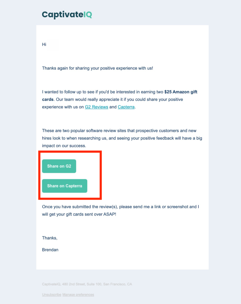 Get reviews automated email: CaptivateIQ example