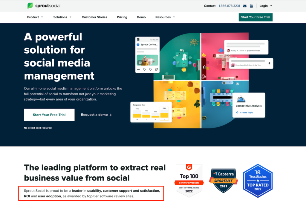 Reviews site achievements as social proof to support hero message: Sprout Social Example