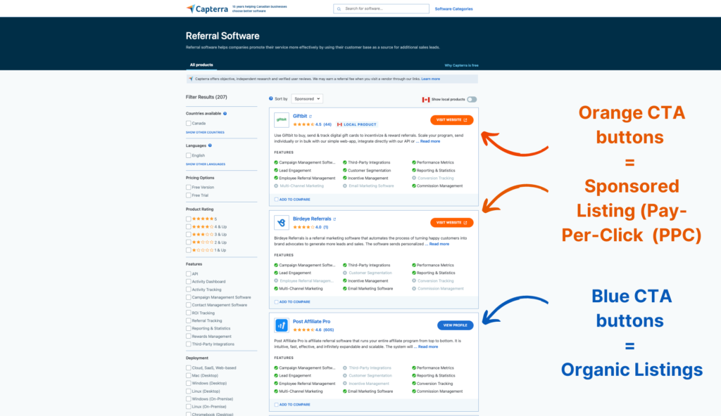 a screenshot of Capterra showing the default sponsored listings at the top in orange and the non-sponsored listings below in blue