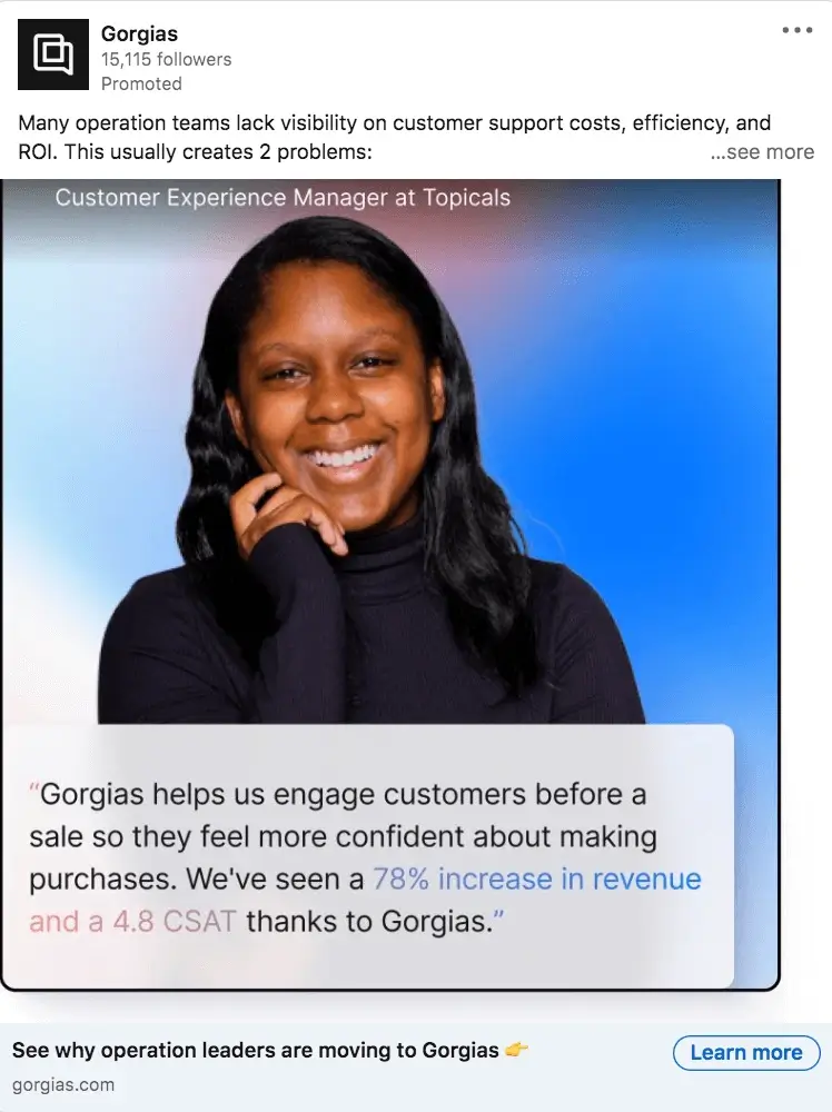 Gorgias LinkedIn ad depicting a smiling customer with a caption explaining a 78% increase in revenue as result of using the software