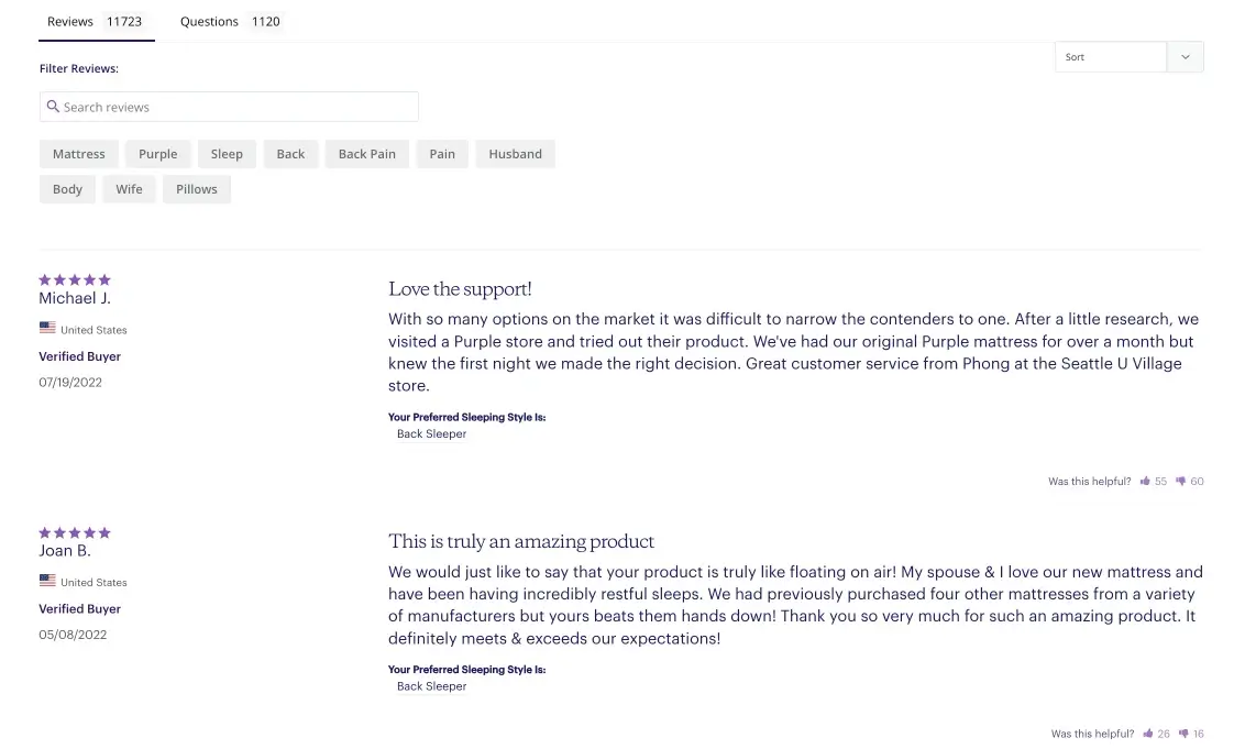 Purple mattress customer reviews searchable by keyword and questions