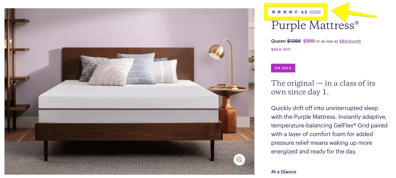 screenshot of Purple mattress product page with a large double bed image and description of the product. Image includes social proof in the form of star ratings