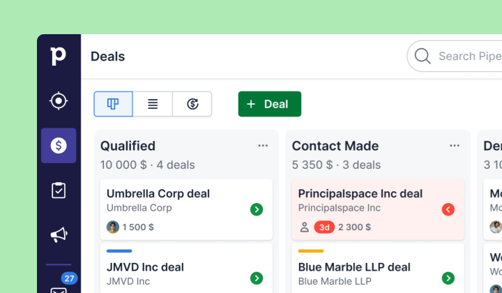 Manager your sales funnel in a visual CRM. Pipedrive, for SMBs and Startups.